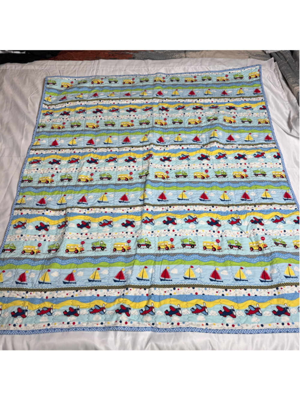 Tender Loving Care Kids Quilt Blanket One Size Blue Yellow Transportation